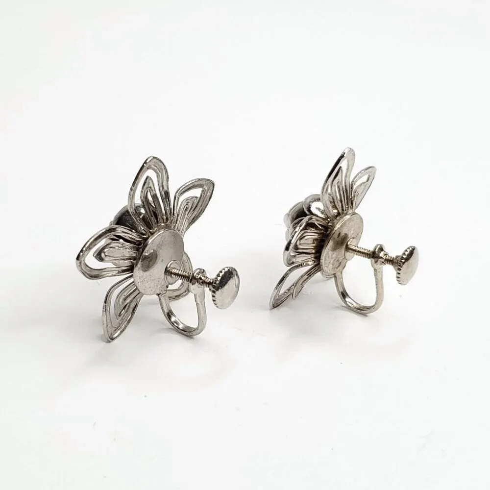 Vintage Floral Earrings Silver Tone 3D Layer Flower Screw Back 1 1/4